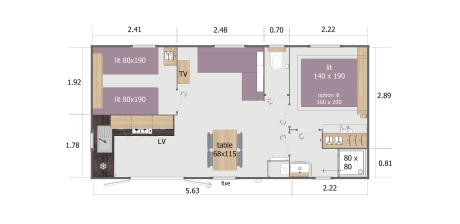 Plan Mobil-home Lodge premium 2 room Camping Alpes Dauphiné